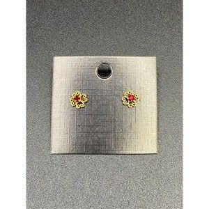 Stud Earrings Gold Tone Filigree and Red Crystal Good Condition VINTAGE